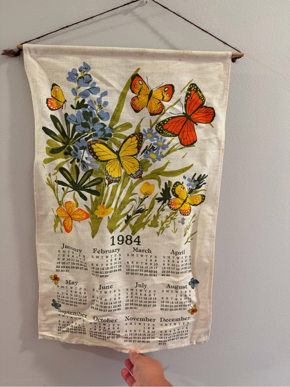 Vintage Butterfly Floral Wall Hanging Calendar - Cream, Yellow, Orange